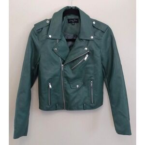 GREEN Love Tree FAUX LEATHER Cropped Motorcycle Jacket S Urbancore Alt BikerChic